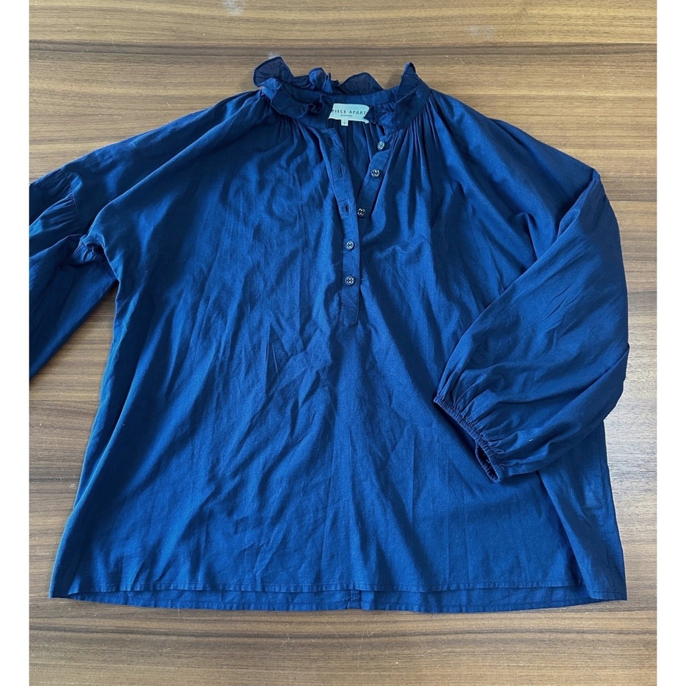 Apiece Apart Popover Cotton Blouse 8 Navy Blue Peasant 3/4 Balloon Sleeve Top - Picture 3 of 11